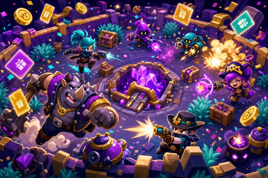 Original cartoon brawlers battling in a colorful arena with floating gift-card rewards